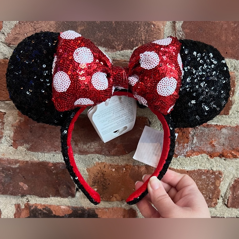 Disney Parks Sequin Minnie Mouse Red Polka Dots Bow Ears Headband NEW